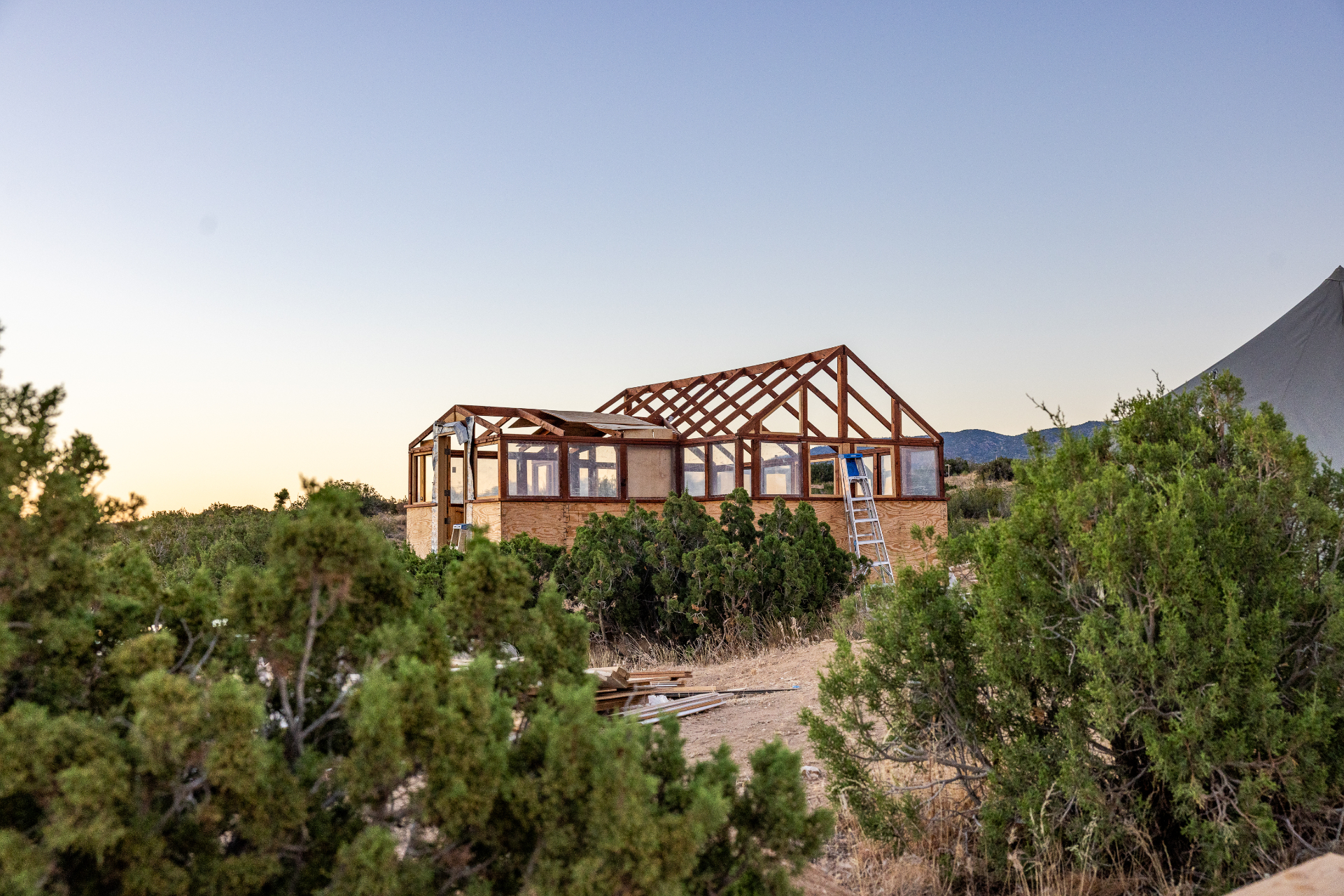 Wooden-framed greenhouse structure under construction, surrounded by desert vegetation