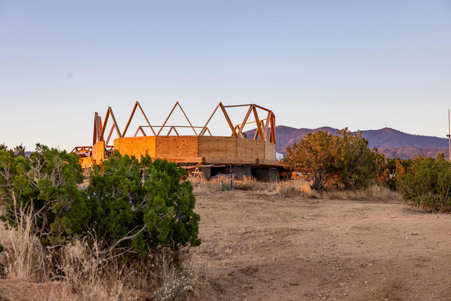 The Dome House timber frame viewed at a distance through desert vegetation